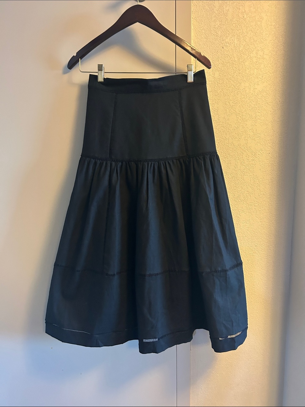 Women's Linen Cotton blend Black A-Line Tiered Midi Skirt
